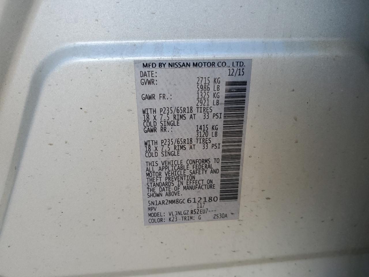 2016 Nissan Pathfinder S VIN: 5N1AR2MM8GC612180 Lot: 80105965