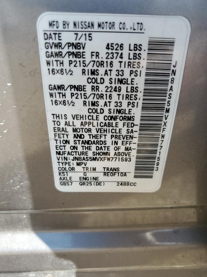 2015 Nissan Rogue Select S VIN: JN8AS5MVXFW771593 Lot: 71066195