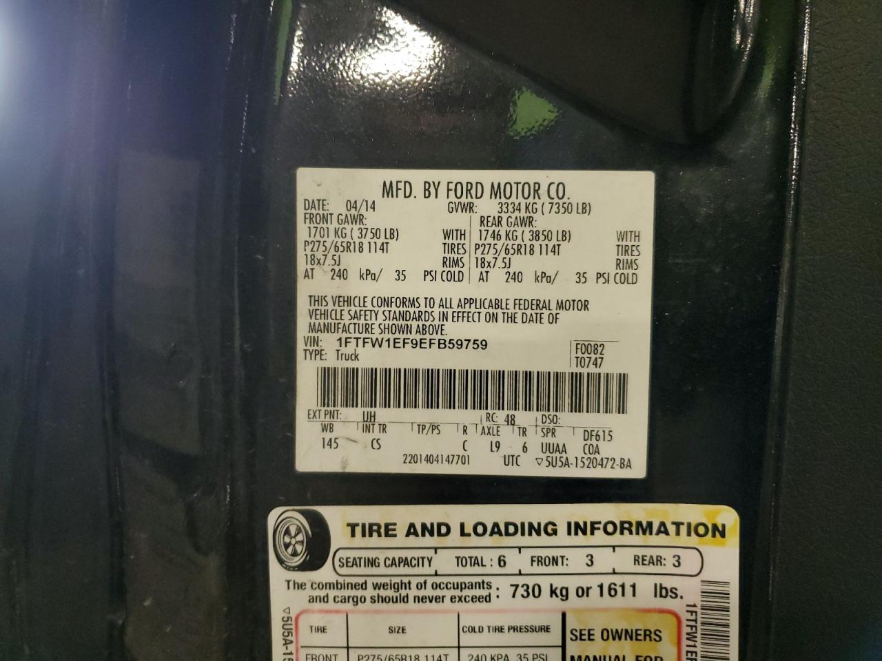 2014 Ford F150 Supercrew VIN: 1FTFW1EF9EFB59759 Lot: 81473865