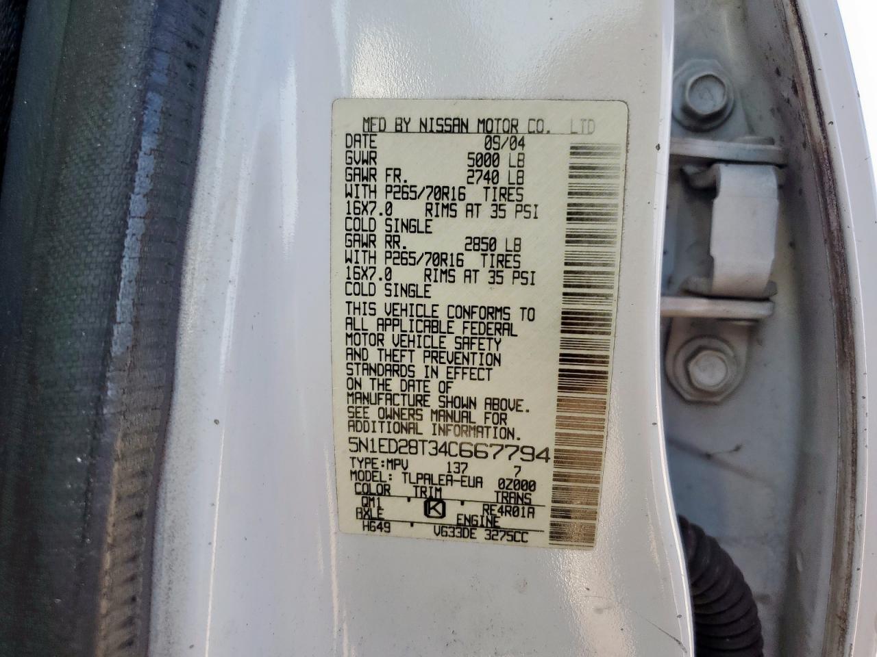 2004 Nissan Xterra Xe VIN: 5N1ED28T34C667794 Lot: 71486385