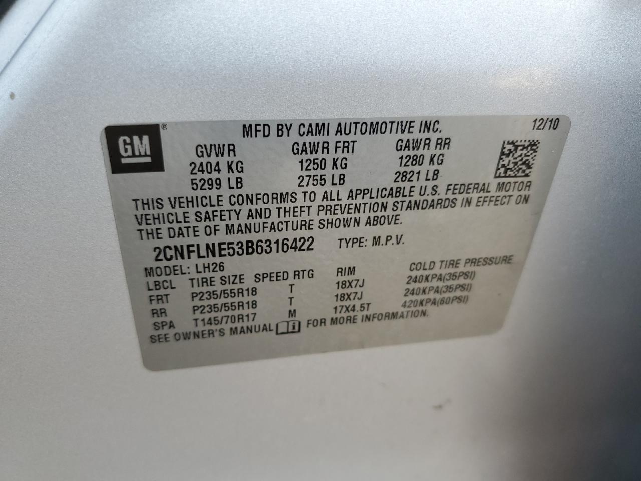 2011 Chevrolet Equinox Lt VIN: 2CNFLNE53B6316422 Lot: 80467985