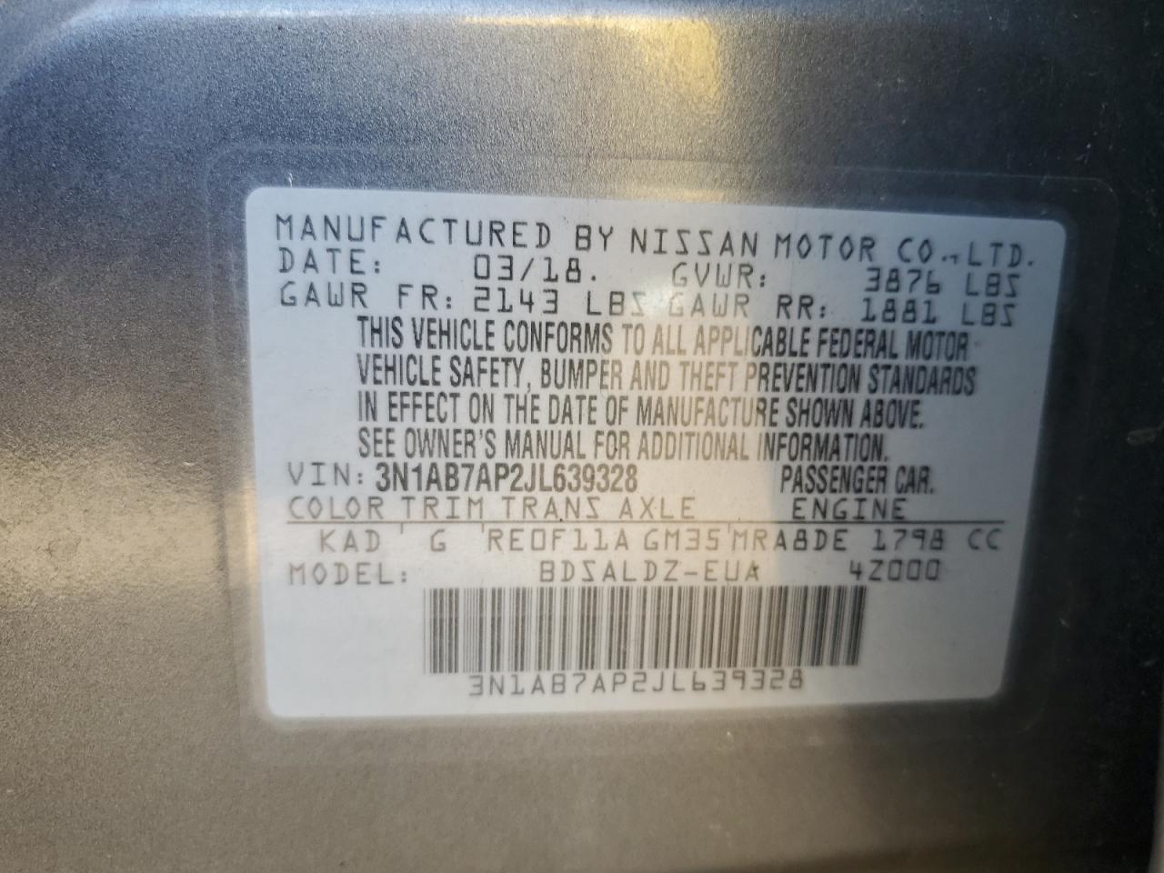 2018 Nissan Sentra S VIN: 3N1AB7AP2JL639328 Lot: 84055565