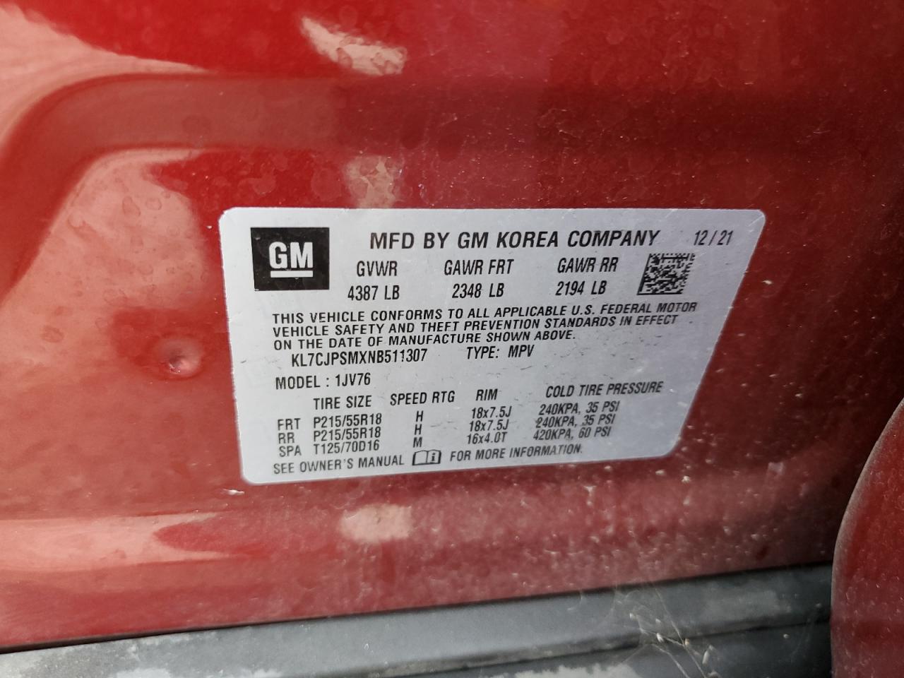 2022 Chevrolet Trax 1Lt VIN: KL7CJPSMXNB511307 Lot: 81267075