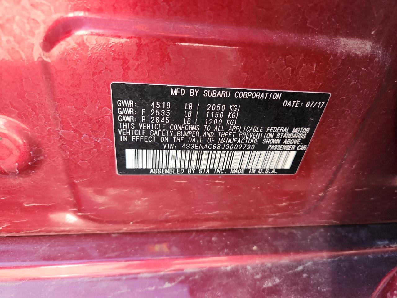 2018 Subaru Legacy 2.5I Premium VIN: 4S3BNAC68J3002790 Lot: 80508075