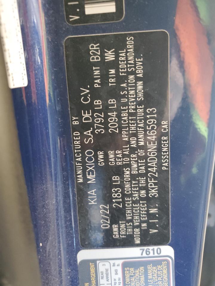 2022 Kia Forte Fe VIN: 3KPF24AD6NE465913 Lot: 71966325
