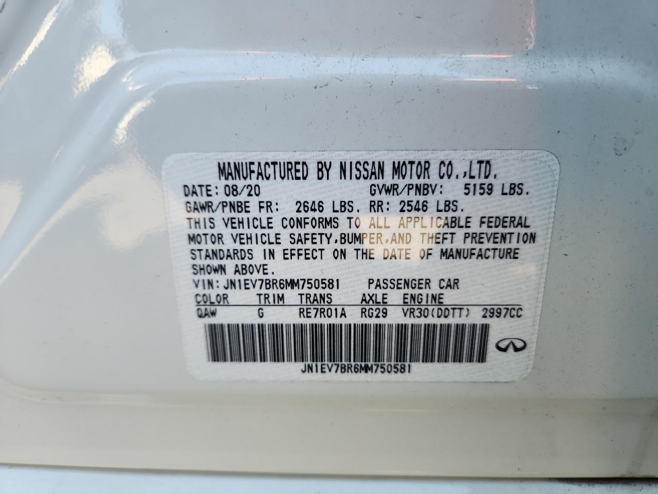 2021 Infiniti Q50 Luxe VIN: JN1EV7BR6MM750581 Lot: 70803855