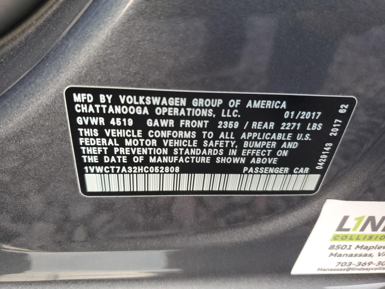 2017 Volkswagen Passat Sel Premium VIN: 1VWCT7A32HC052808 Lot: 59394375