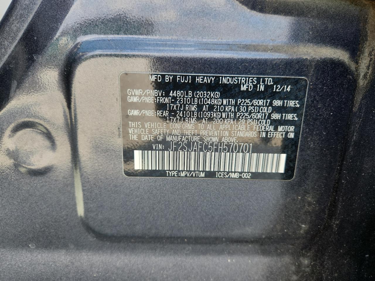 2015 Subaru Forester 2.5I Premium VIN: JF2SJAFC5FH570701 Lot: 81218565