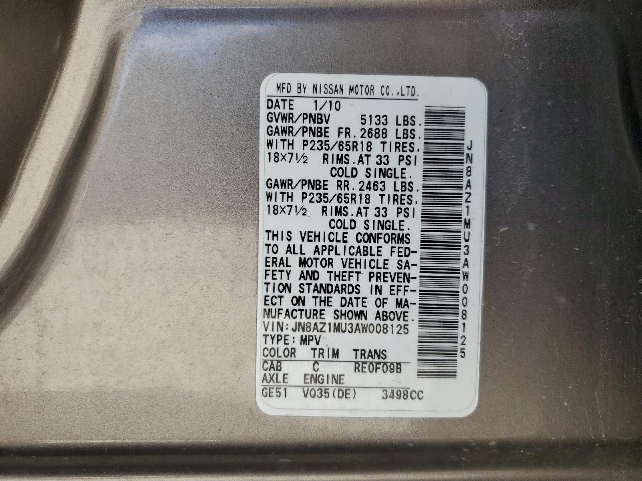 2010 Nissan Murano S VIN: JN8AZ1MU3AW008125 Lot: 81587075