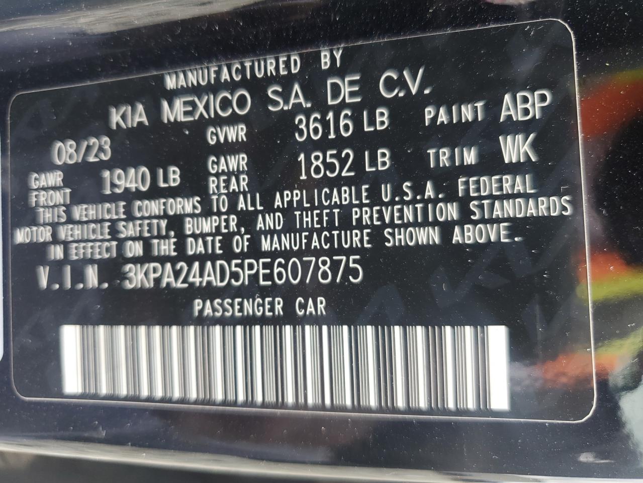 2023 Kia Rio Lx VIN: 3KPA24AD5PE607875 Lot: 84702305