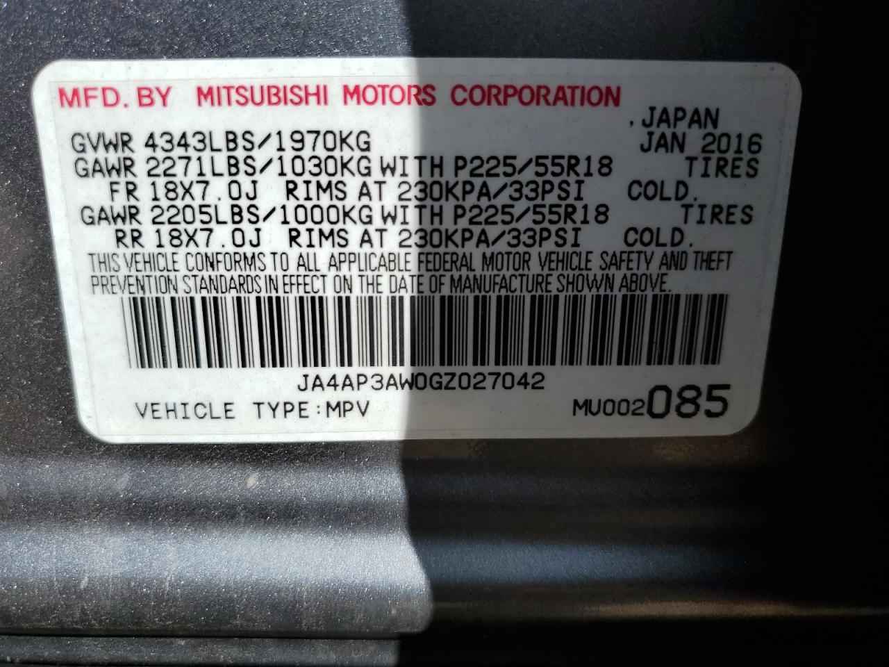 2016 Mitsubishi Outlander Sport Es VIN: JA4AP3AW0GZ027042 Lot: 80654985