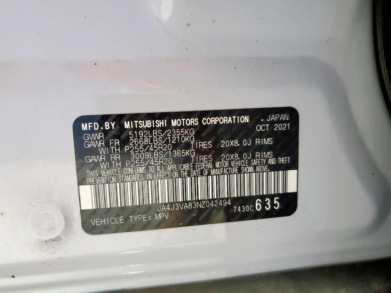 2022 Mitsubishi Outlander Sel VIN: JA4J3VA83NZ042494 Lot: 84030625