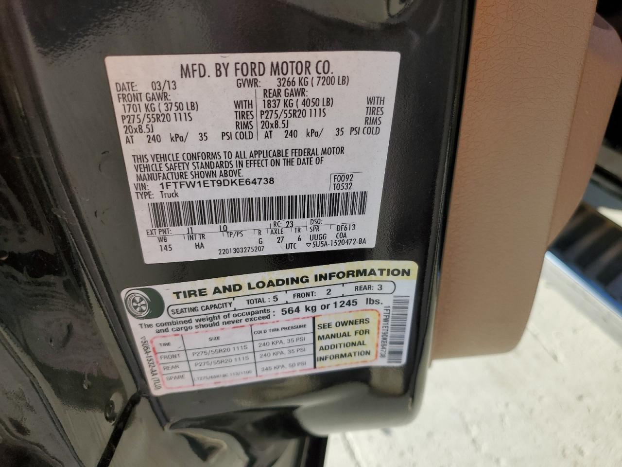 2013 Ford F150 Supercrew VIN: 1FTFW1ET9DKE64738 Lot: 70870515