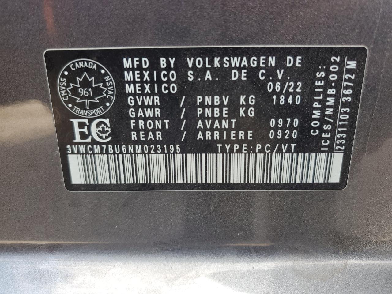 2022 Volkswagen Jetta S VIN: 3VWCM7BU6NM023195 Lot: 83967715