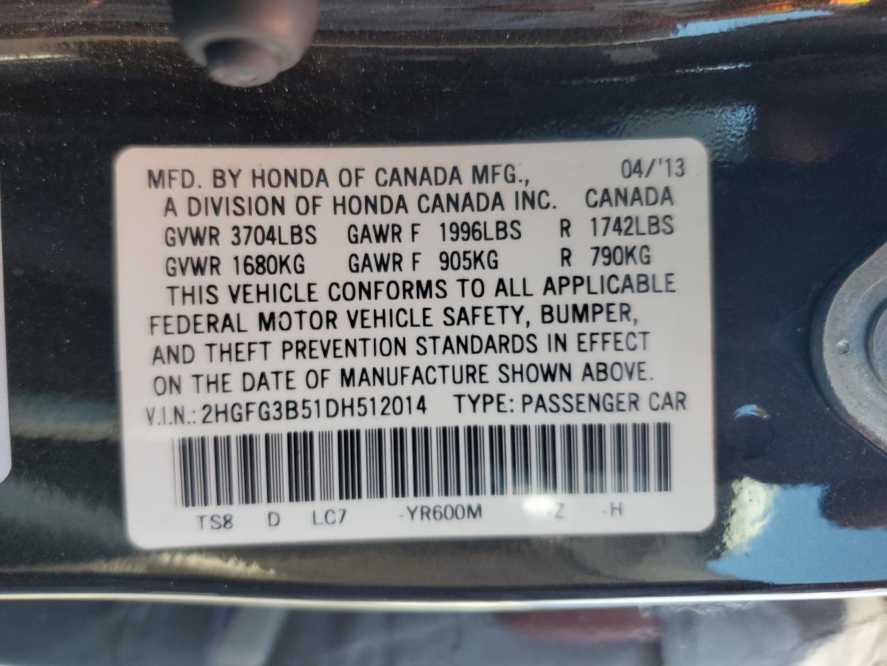 2013 Honda Civic Lx VIN: 2HGFG3B51DH512014 Lot: 81441415