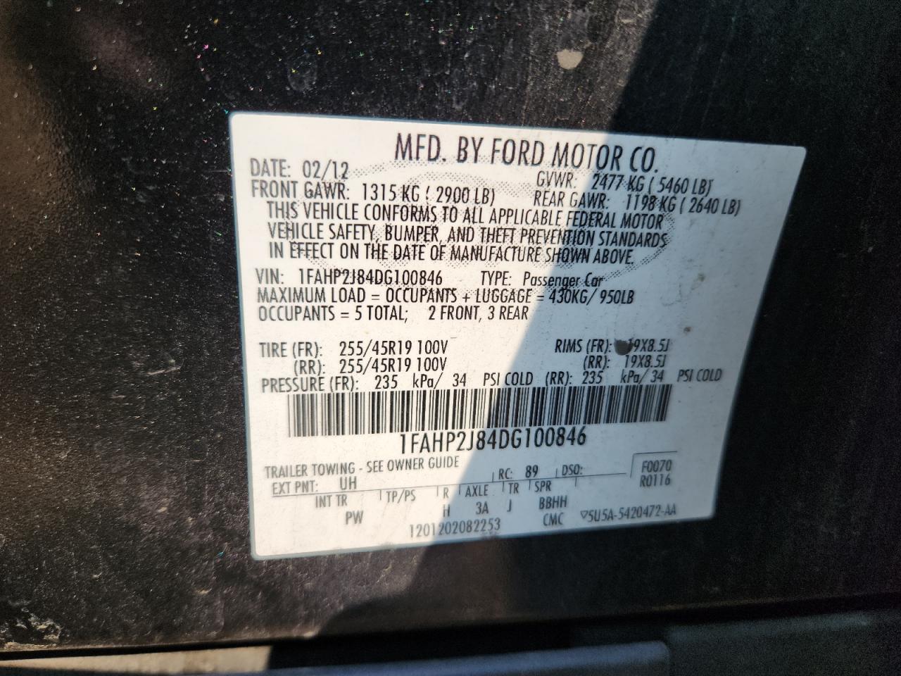 2013 Ford Taurus Limited VIN: 1FAHP2J84DG100846 Lot: 71236615
