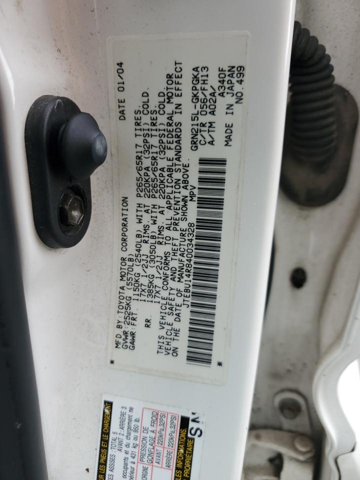 2004 Toyota 4Runner Sr5 VIN: JTEBU14R840034328 Lot: 82161915