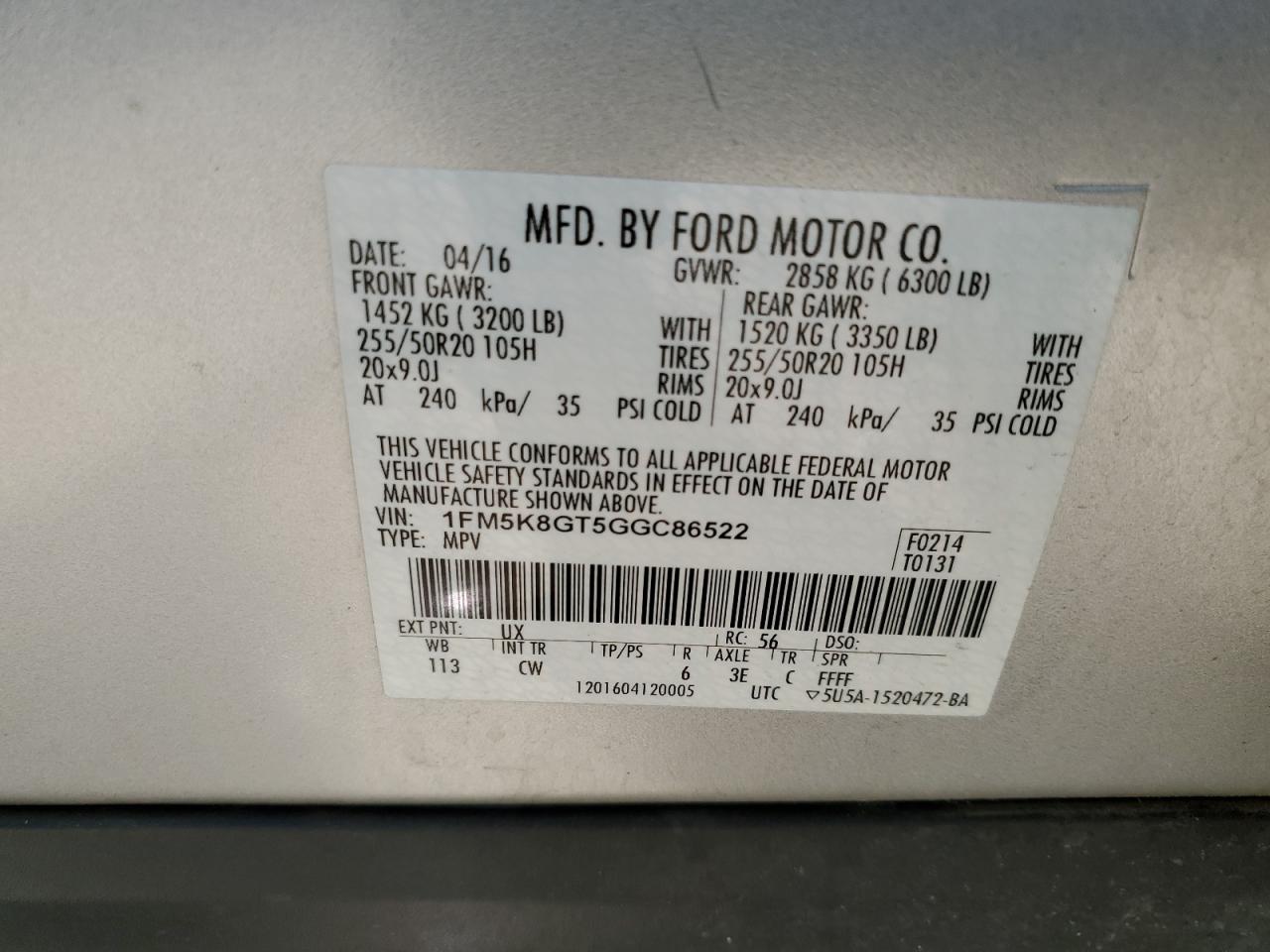 2016 Ford Explorer Sport VIN: 1FM5K8GT5GGC86522 Lot: 80082705