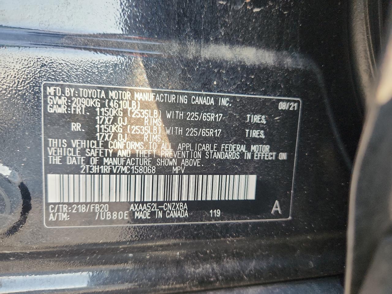 2021 Toyota Rav4 Le VIN: 2T3H1RFV7MC158068 Lot: 82027955