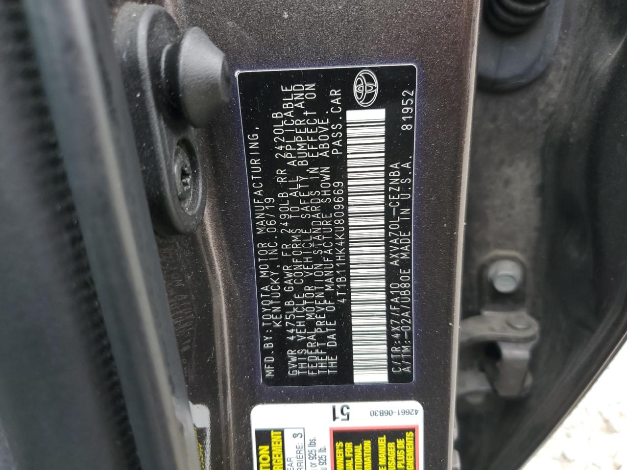 2019 Toyota Camry L VIN: 4T1B11HK4KU809669 Lot: 83809875