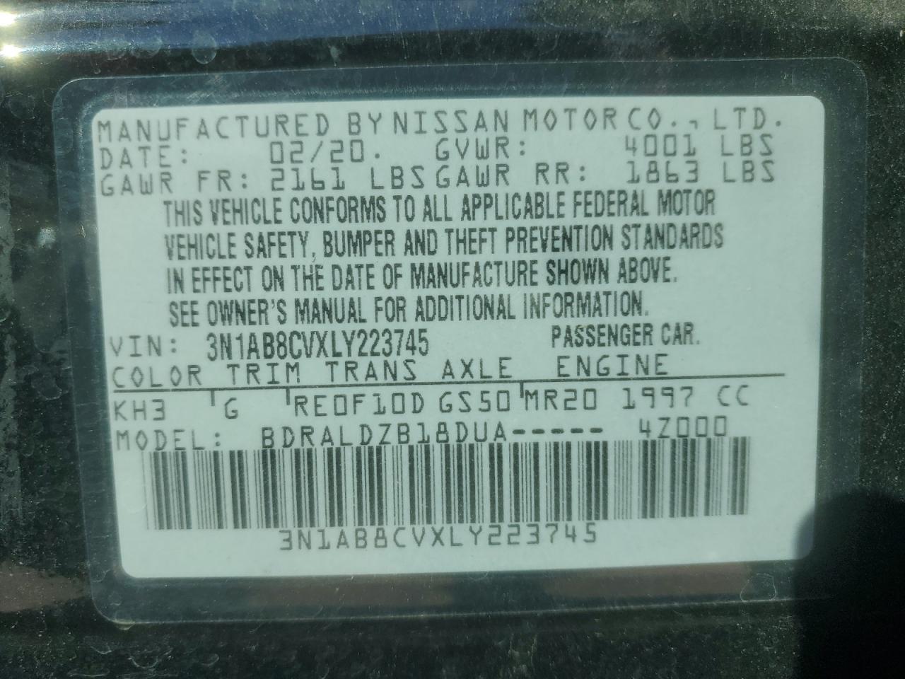 2020 Nissan Sentra Sv VIN: 3N1AB8CVXLY223745 Lot: 84295215