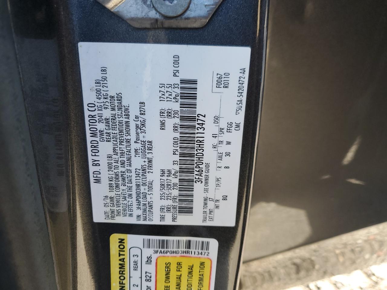 2017 Ford Fusion Se VIN: 3FA6P0HD3HR113472 Lot: 84581405