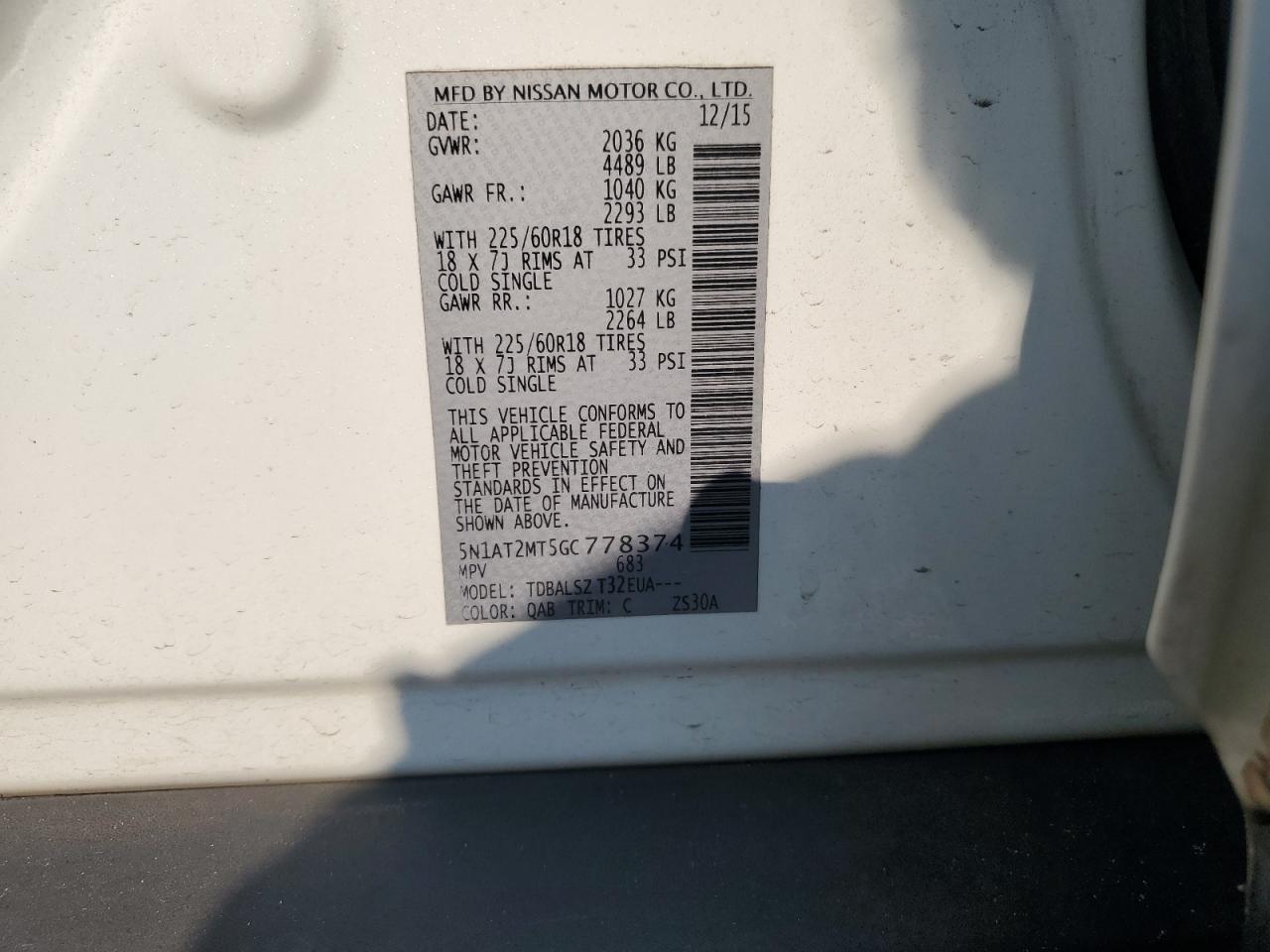 2016 Nissan Rogue S VIN: 5N1AT2MT5GC778374 Lot: 81311505