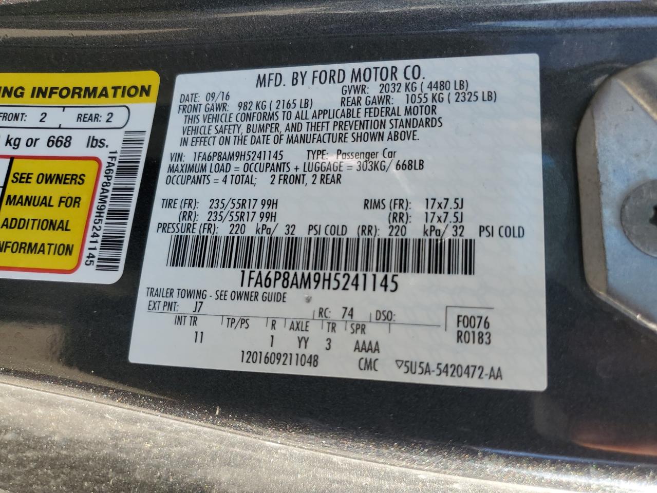 2017 Ford Mustang VIN: 1FA6P8AM9H5241145 Lot: 81768145