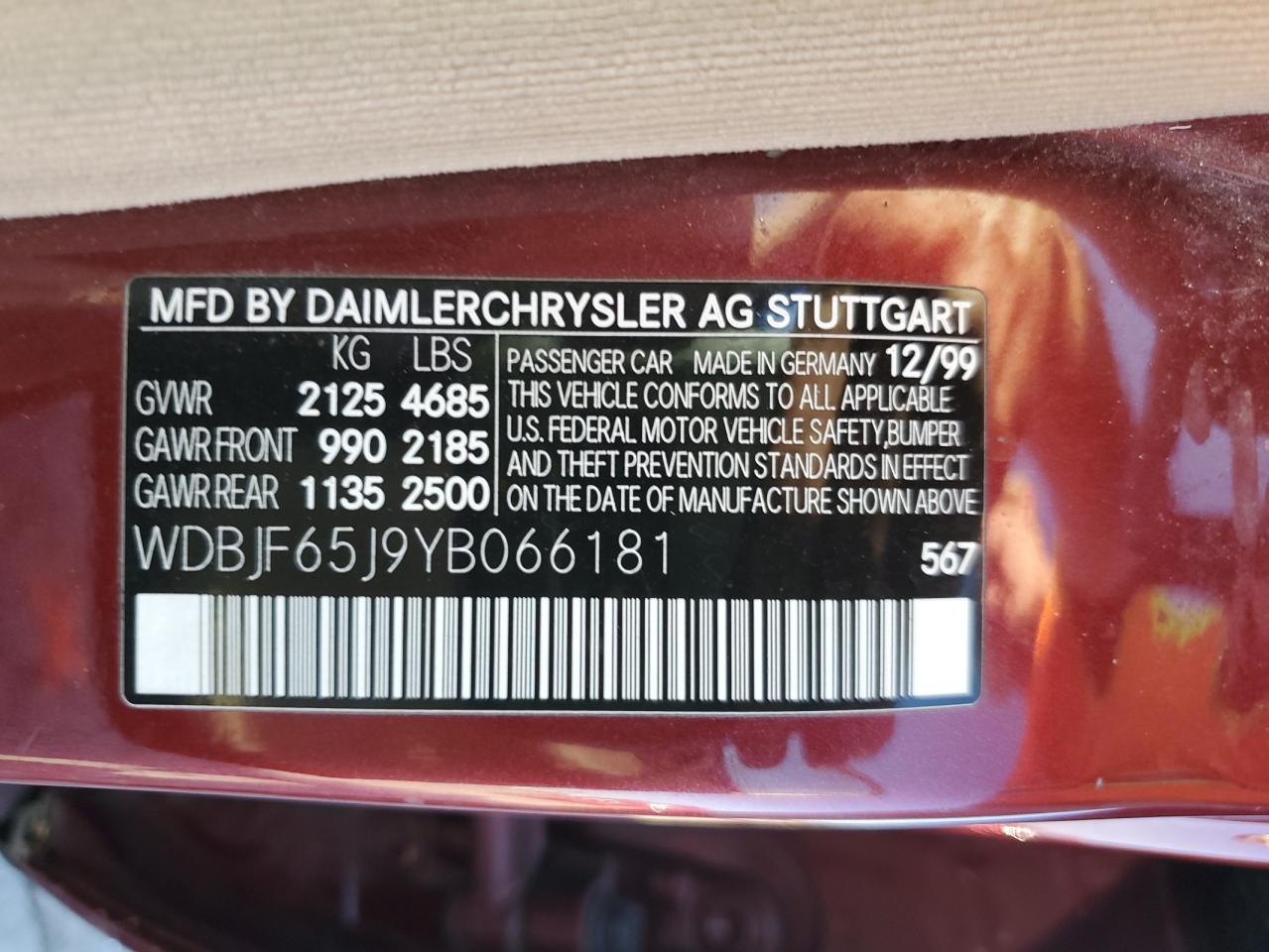 2000 Mercedes-Benz E 320 VIN: WDBJF65J9YB066181 Lot: 82053715