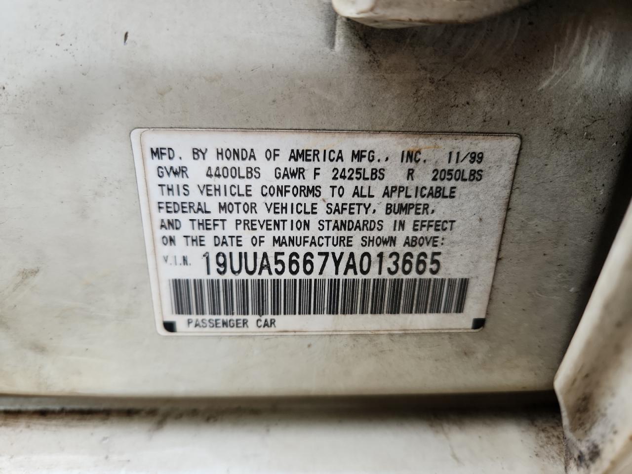 2000 Acura 3.2Tl VIN: 19UUA5667YA013665 Lot: 81315685