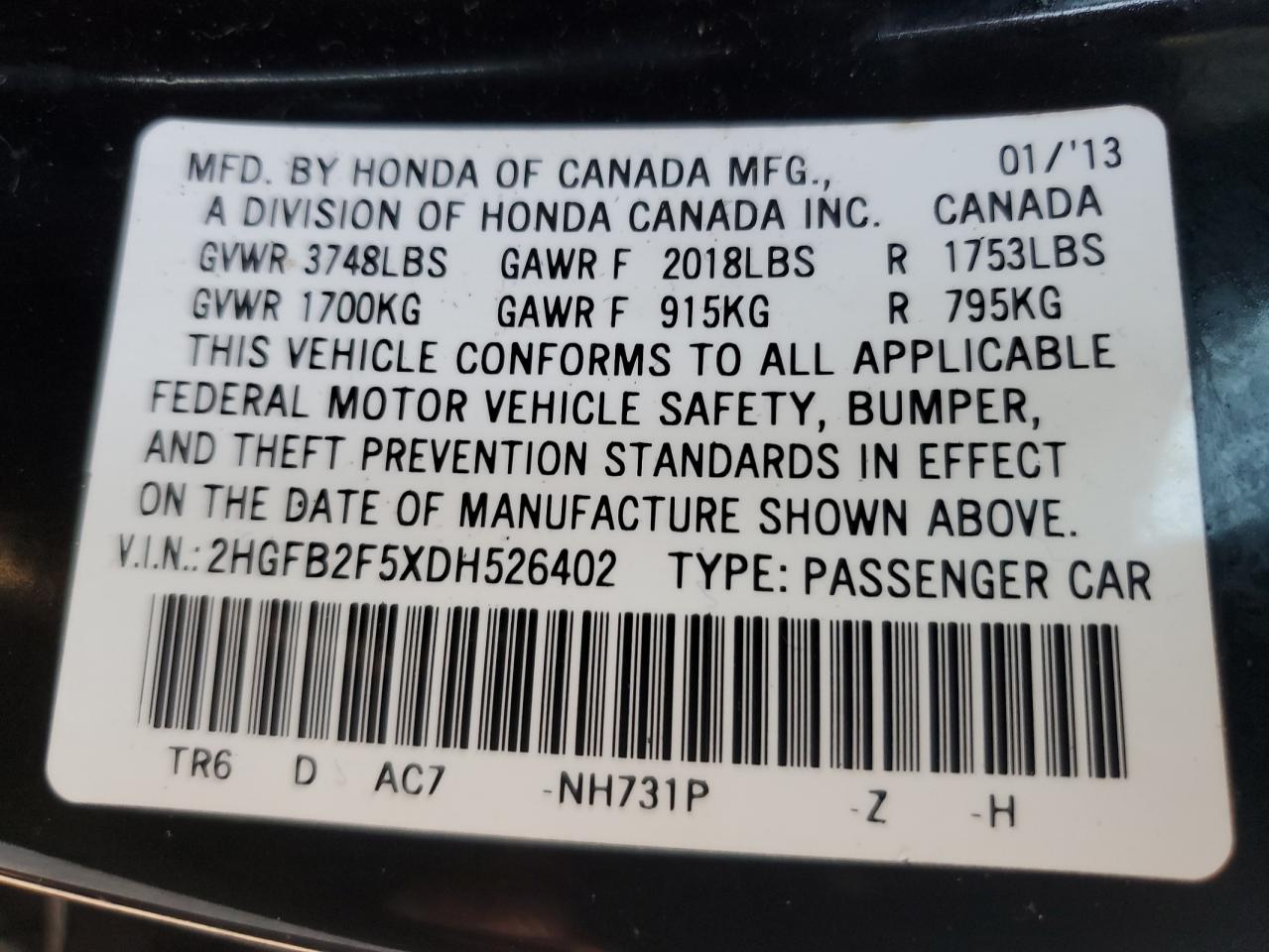 2013 Honda Civic Lx VIN: 2HGFB2F5XDH526402 Lot: 80639455
