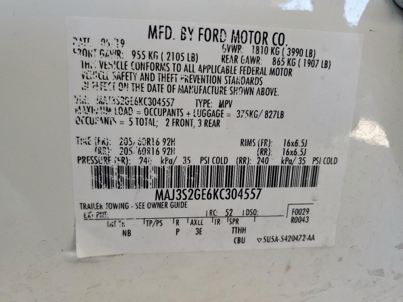 2019 Ford Ecosport Se VIN: MAJ3S2GE6KC304557 Lot: 80414205