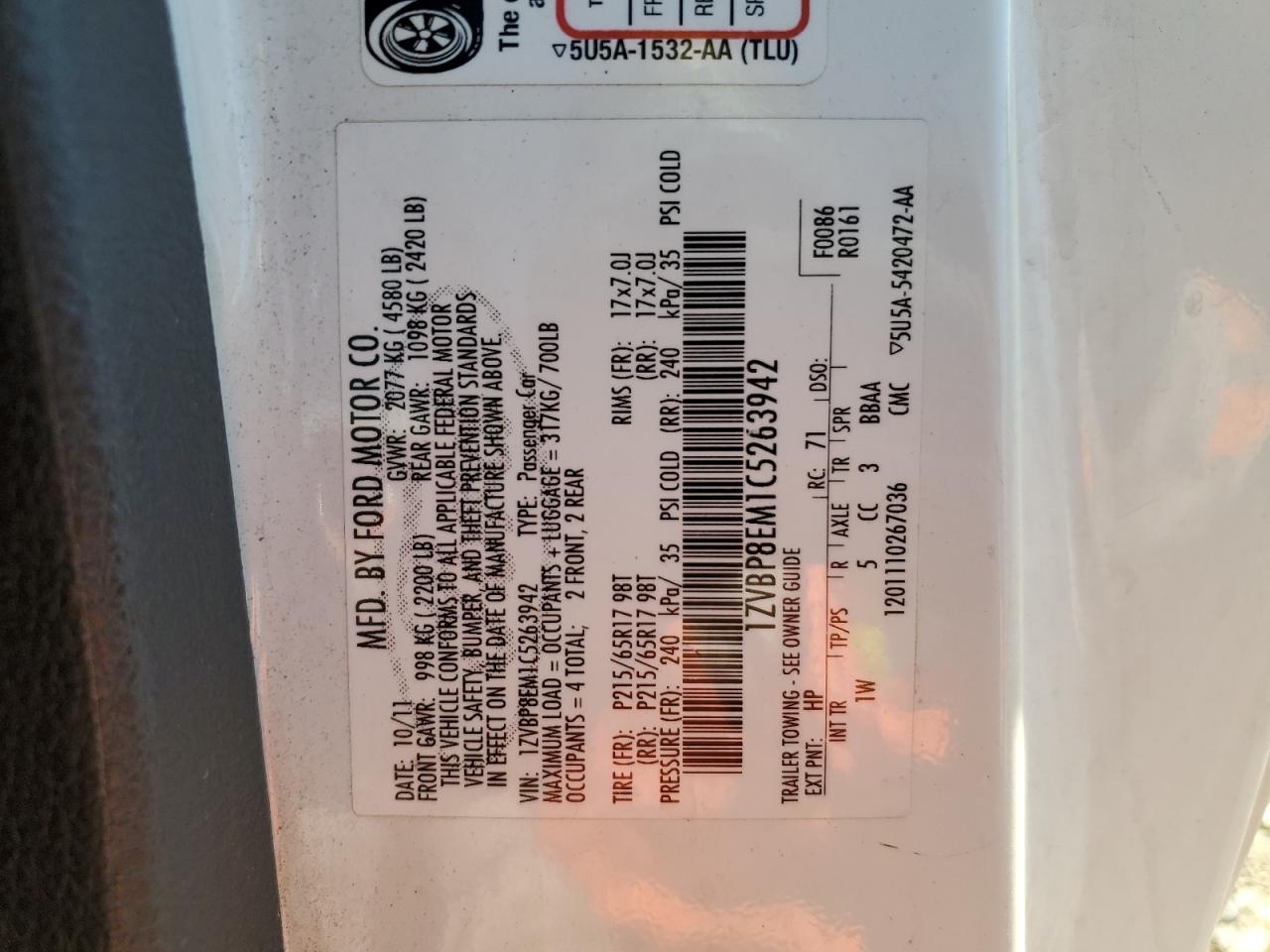 2012 Ford Mustang VIN: 1ZVBP8EM1C5263942 Lot: 81257845