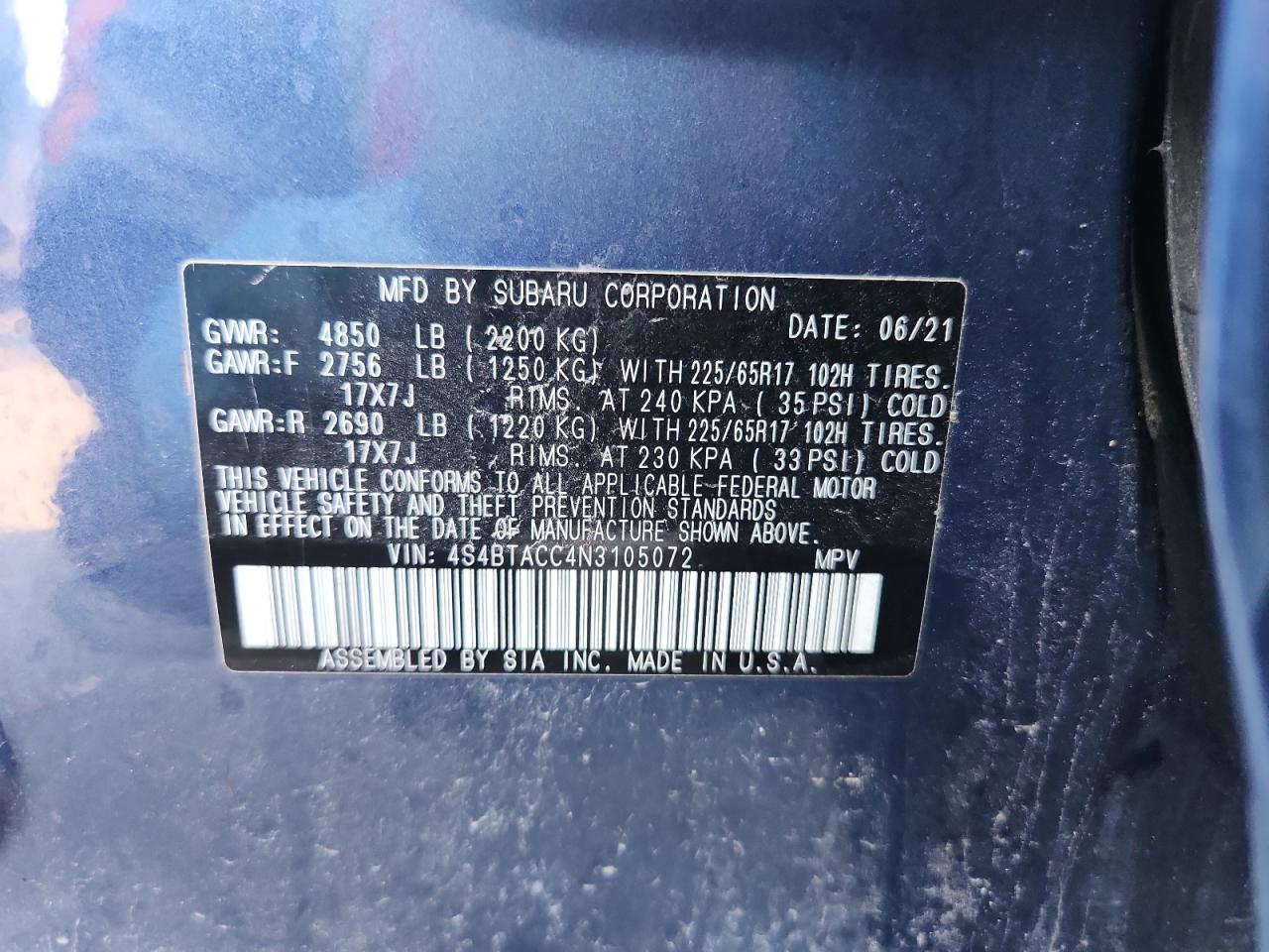 2022 Subaru Outback Premium VIN: 4S4BTACC4N3105072 Lot: 71795685