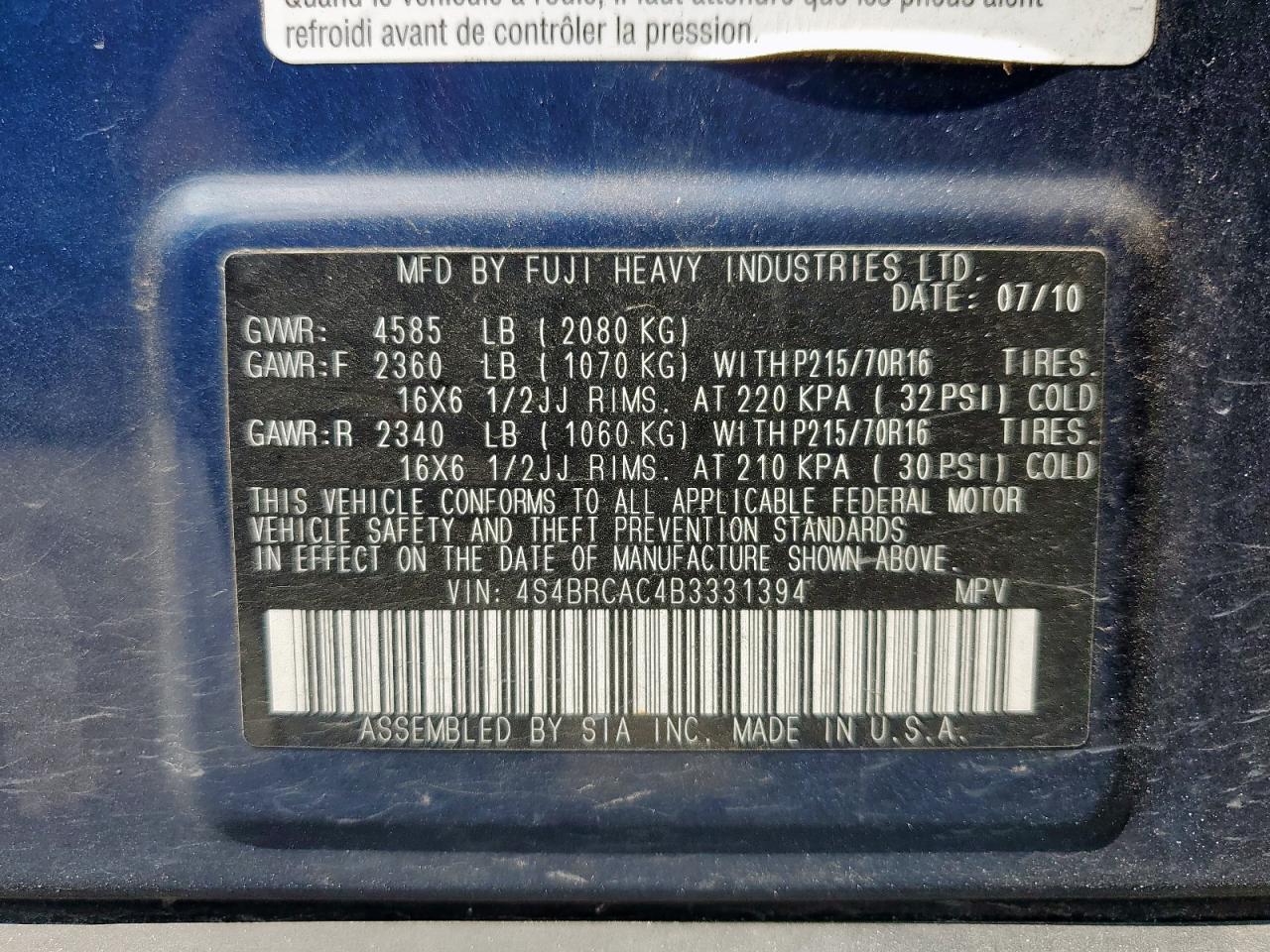 2011 Subaru Outback 2.5I VIN: 4S4BRCAC4B3331394 Lot: 81080005