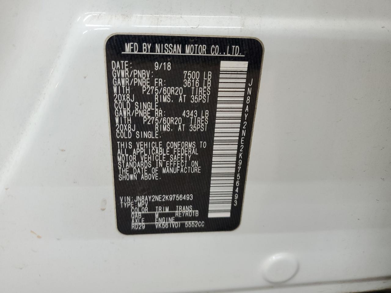 2019 Nissan Armada Platinum VIN: JN8AY2NE2K9756493 Lot: 80408815