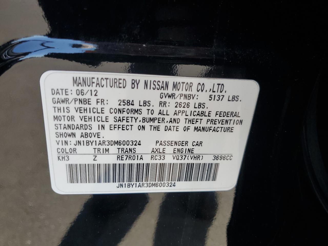 2013 Infiniti M37 X VIN: JN1BY1AR3DM600324 Lot: 80211905