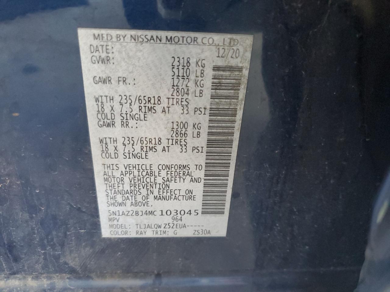 2021 Nissan Murano Sv VIN: 5N1AZ2BJ4MC103045 Lot: 80304475