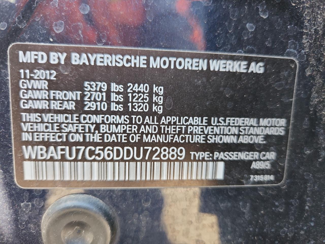 2013 BMW 535 Xi VIN: WBAFU7C56DDU72889 Lot: 80837395