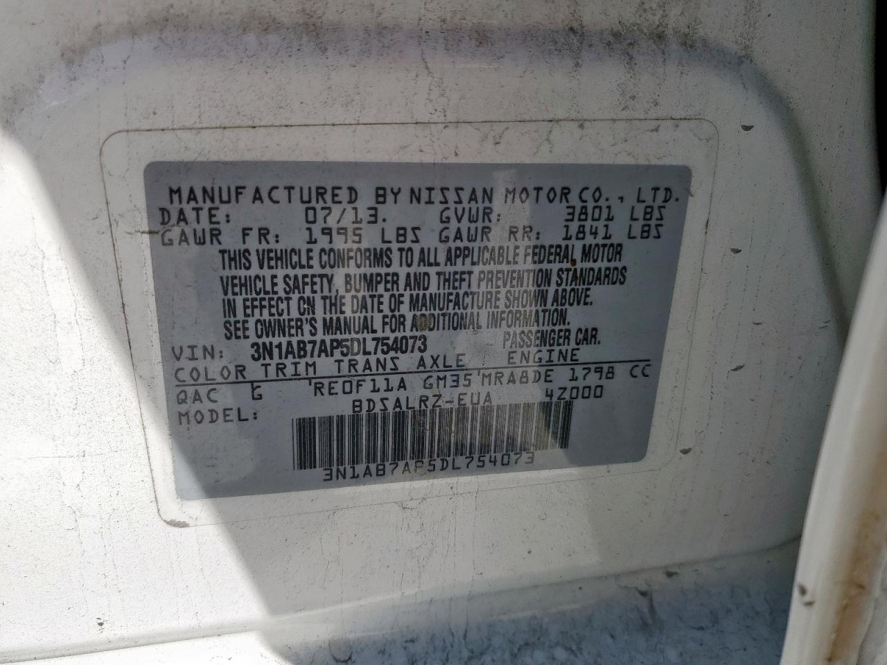 2013 Nissan Sentra S VIN: 3N1AB7AP5DL754073 Lot: 81616235