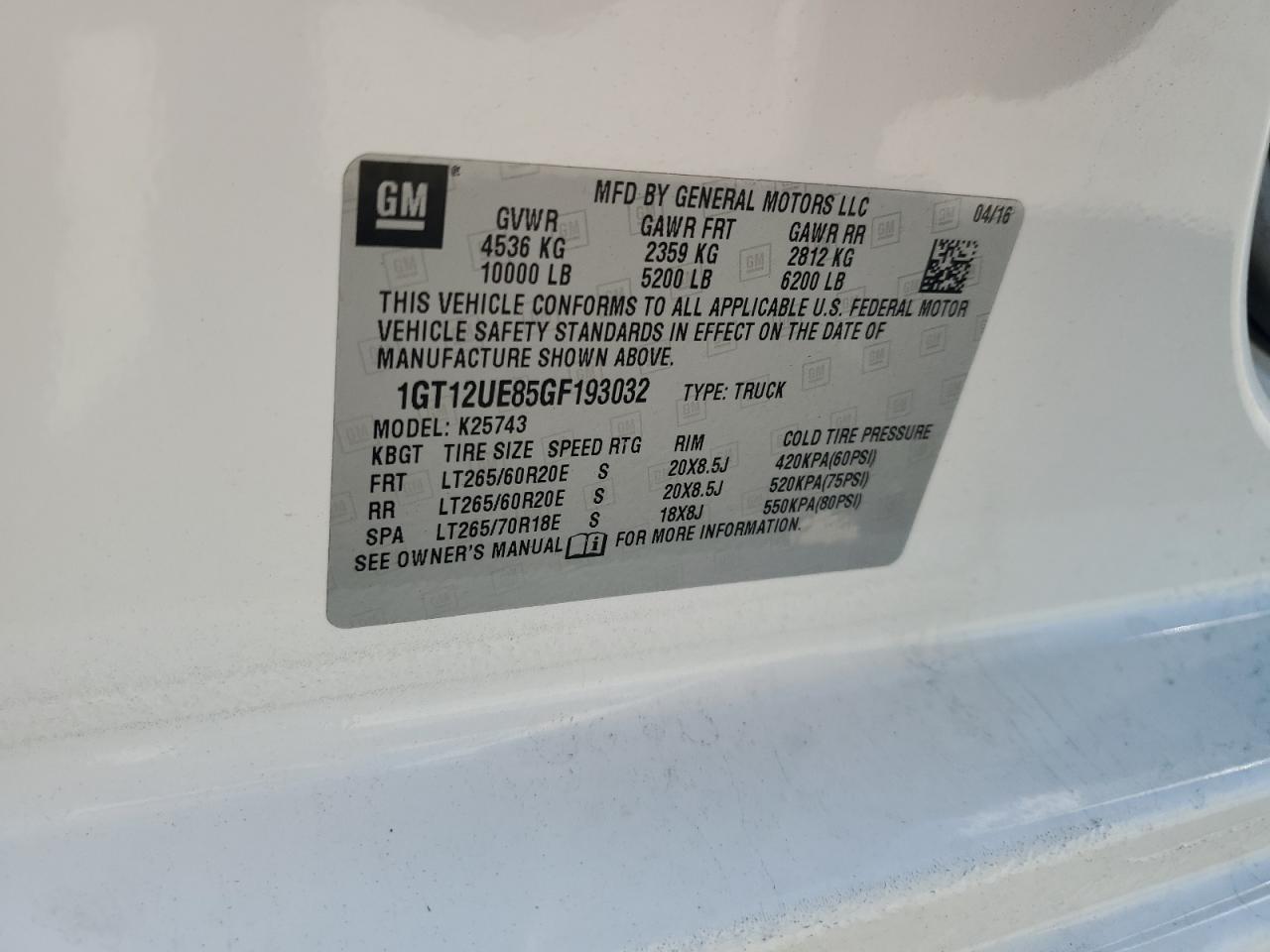 2016 GMC Sierra K2500 Denali VIN: 1GT12UE85GF193032 Lot: 81869495