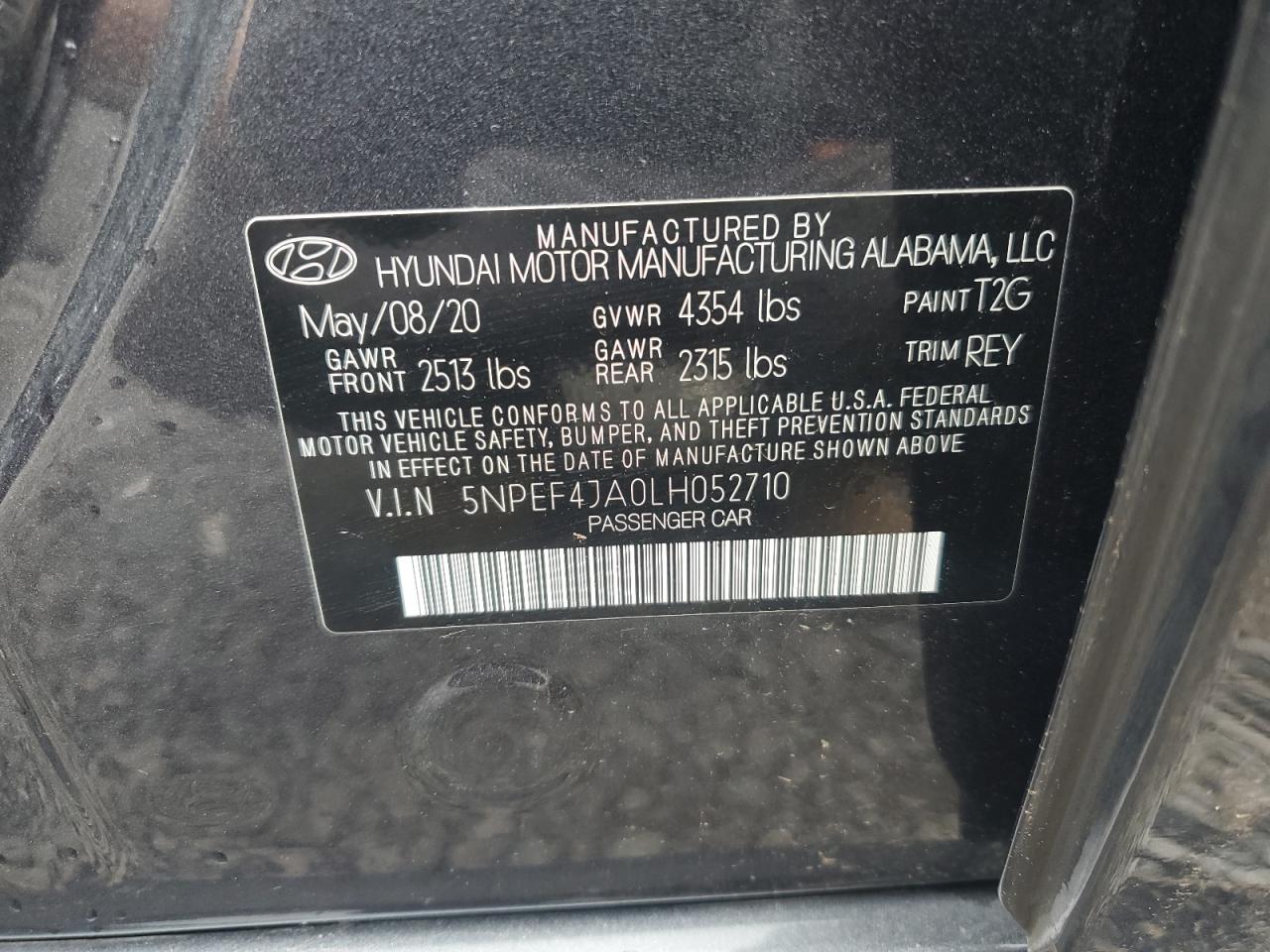 2020 Hyundai Sonata Sel VIN: 5NPEF4JA0LH052710 Lot: 71225865