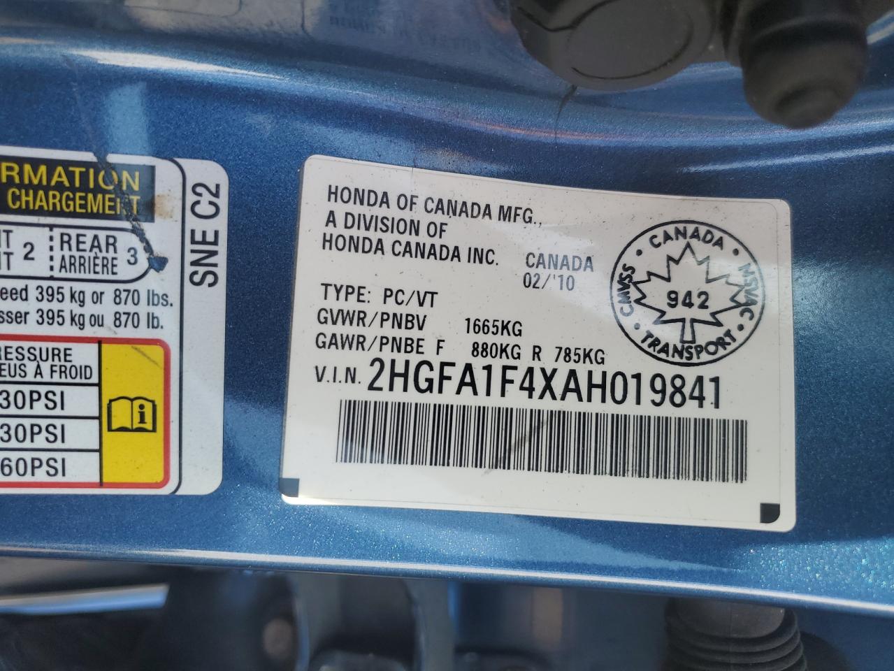 2010 Honda Civic Dx-G VIN: 2HGFA1F4XAH019841 Lot: 80152915