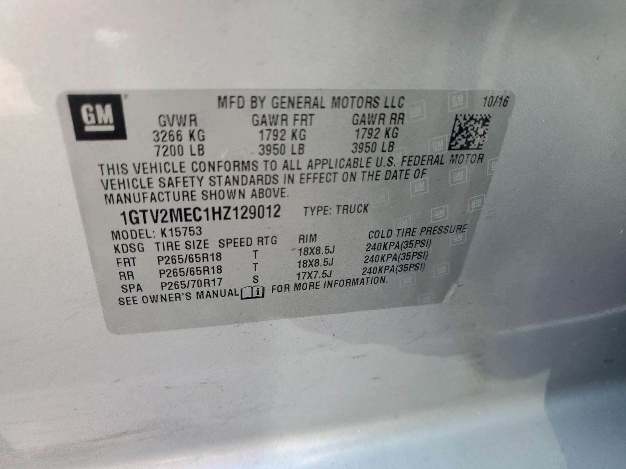 2017 GMC Sierra K1500 Sle VIN: 1GTV2MEC1HZ129012 Lot: 72014155