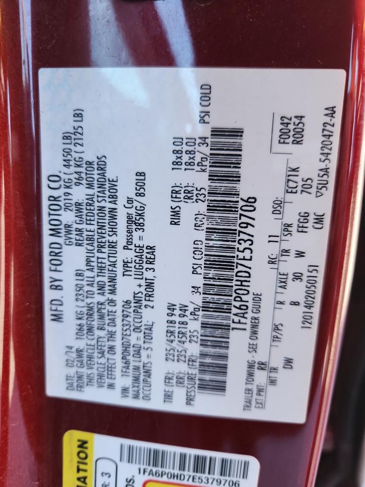 2014 Ford Fusion Se VIN: 1FA6P0HD7E5379706 Lot: 83823255