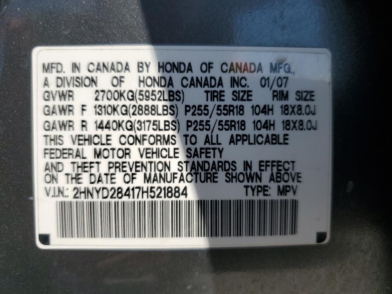 2007 Acura Mdx Technology VIN: 2HNYD28417H521884 Lot: 83792425