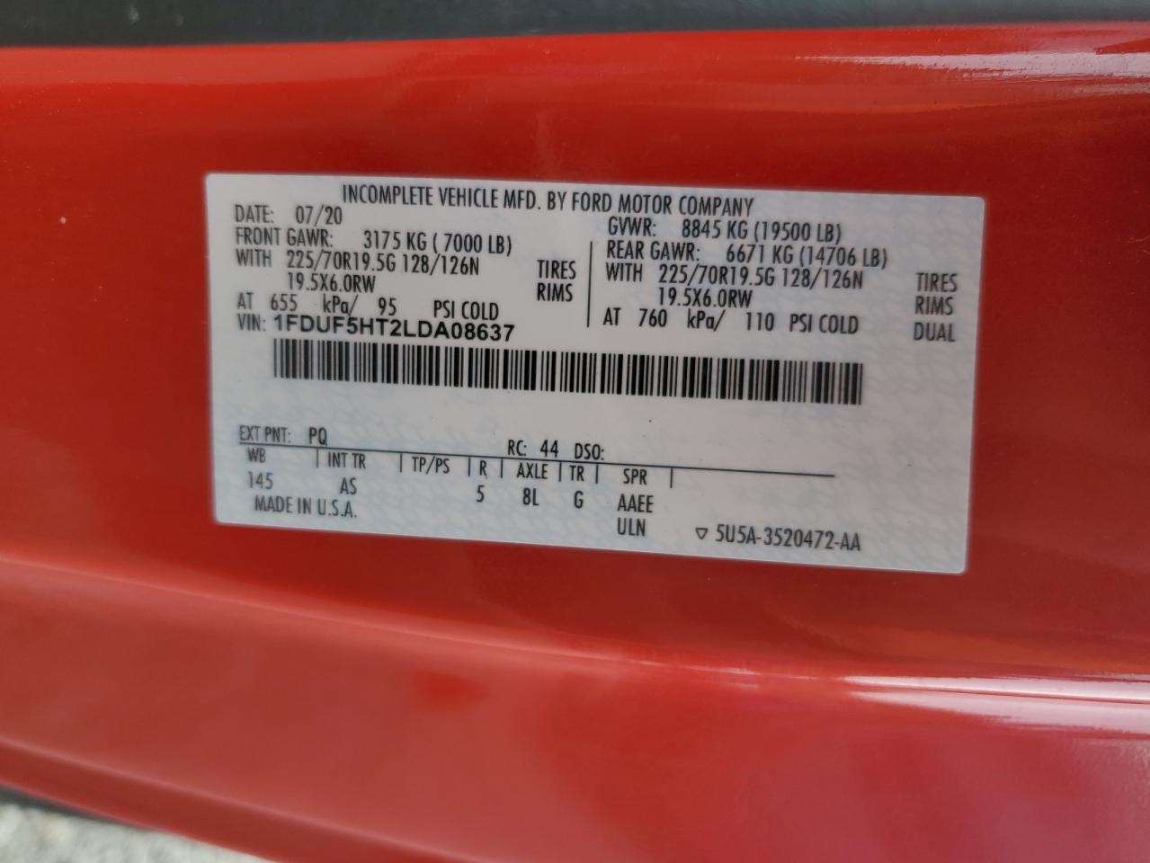 2020 Ford F550 Super Duty VIN: 1FDUF5HT2LDA08637 Lot: 84410845