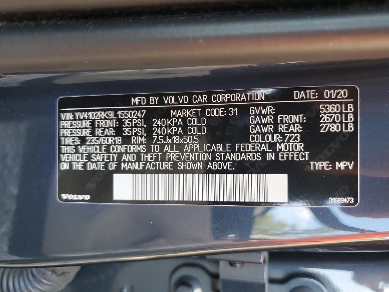 2020 Volvo Xc60 T5 Momentum VIN: YV4102RK9L1550247 Lot: 83809845