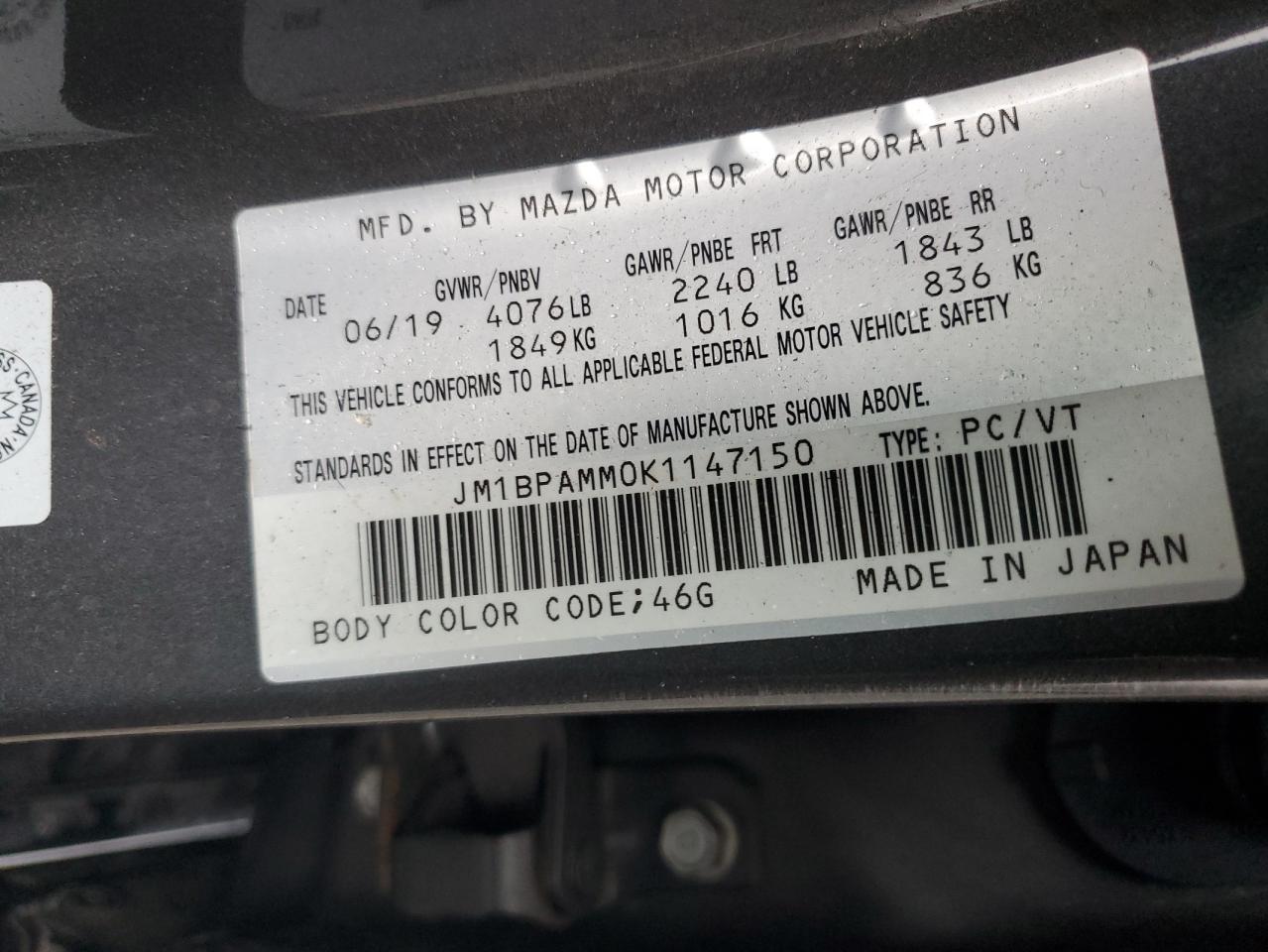 2019 Mazda 3 Preferred VIN: JM1BPAMM0K1147150 Lot: 84267735