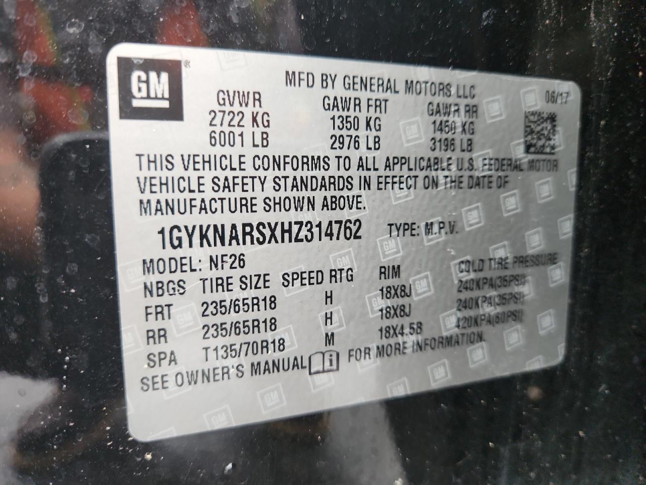 2017 Cadillac Xt5 VIN: 1GYKNARSXHZ314762 Lot: 81101685